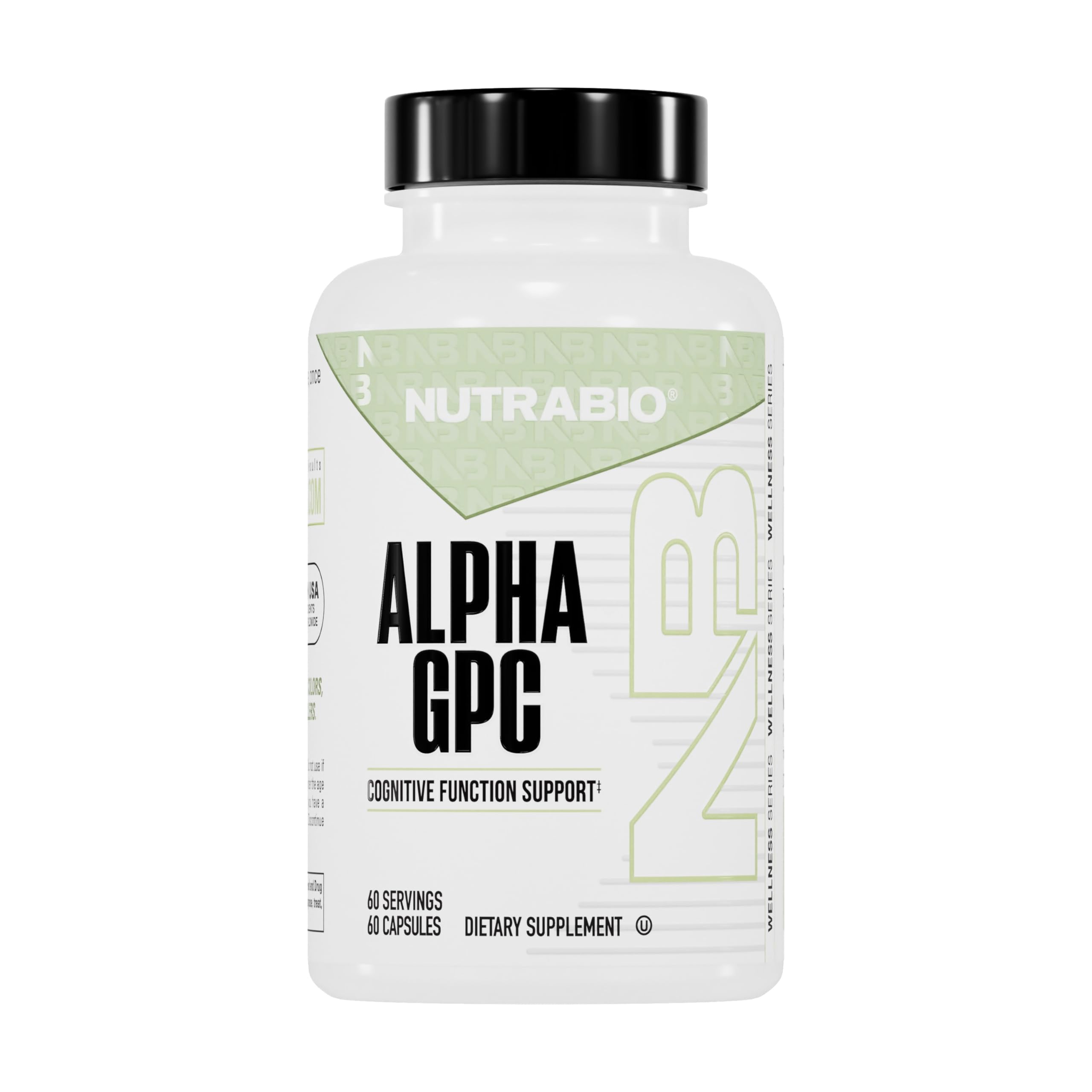 NutraBio Alpha GPC bottle illustrating focus and memory support