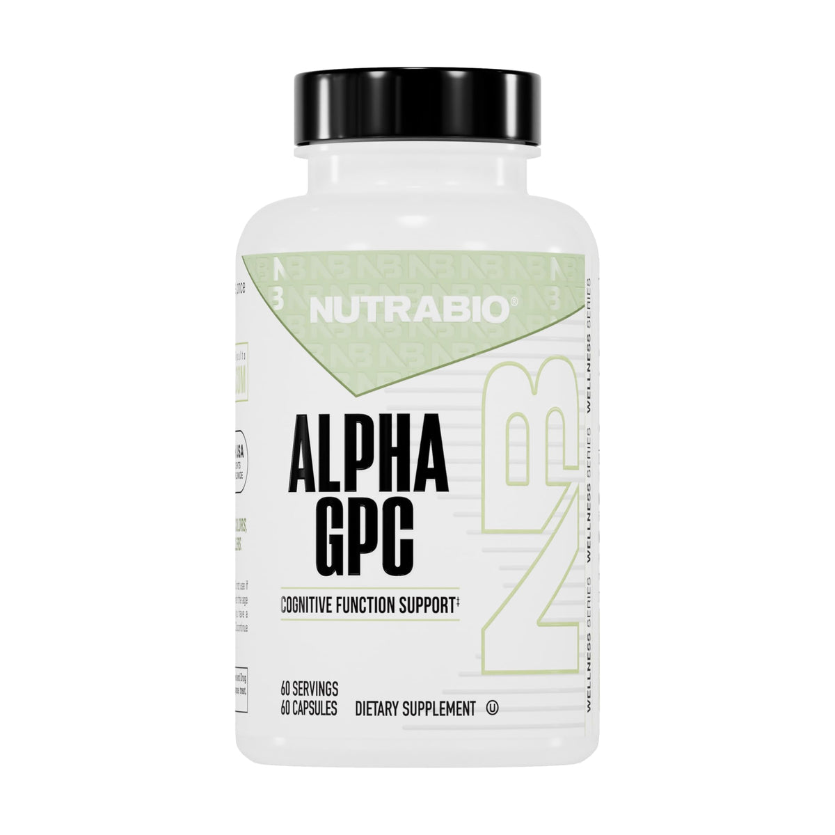 NutraBio Alpha GPC bottle illustrating focus and memory support