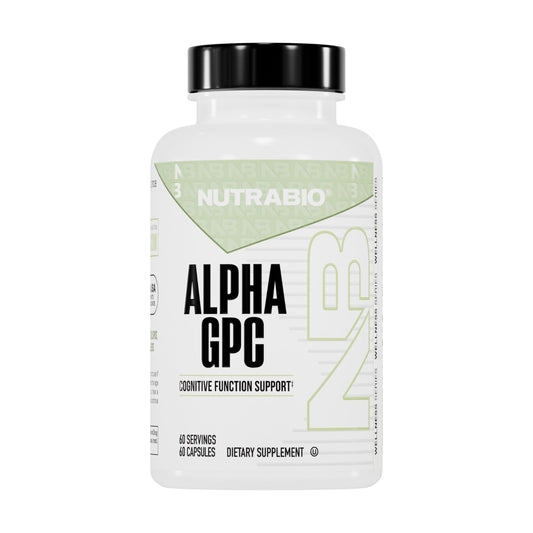 NutraBio Alpha GPC bottle illustrating focus and memory support