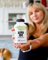 NutraBio Alpha GPC label close-up showing 300 mg per capsule for cognitive performance