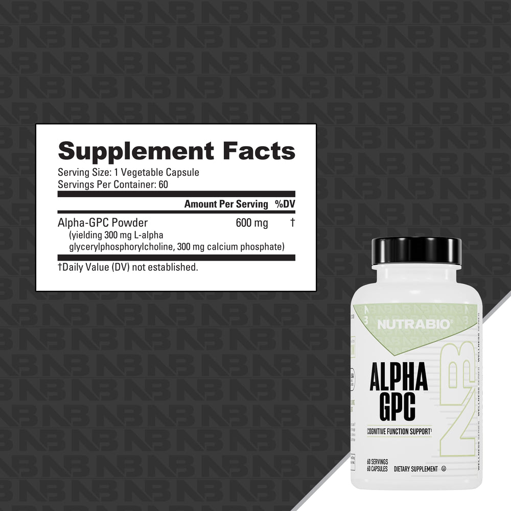 NutraBio Alpha GPC packaging flatlay conveying quality and brain health support