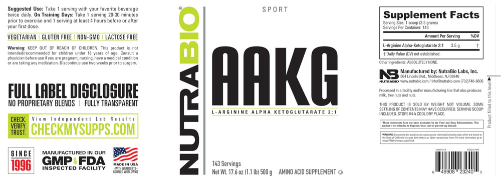 NutraBio Arginine AKG bottle side emphasizes gluten-free and kosher quality.