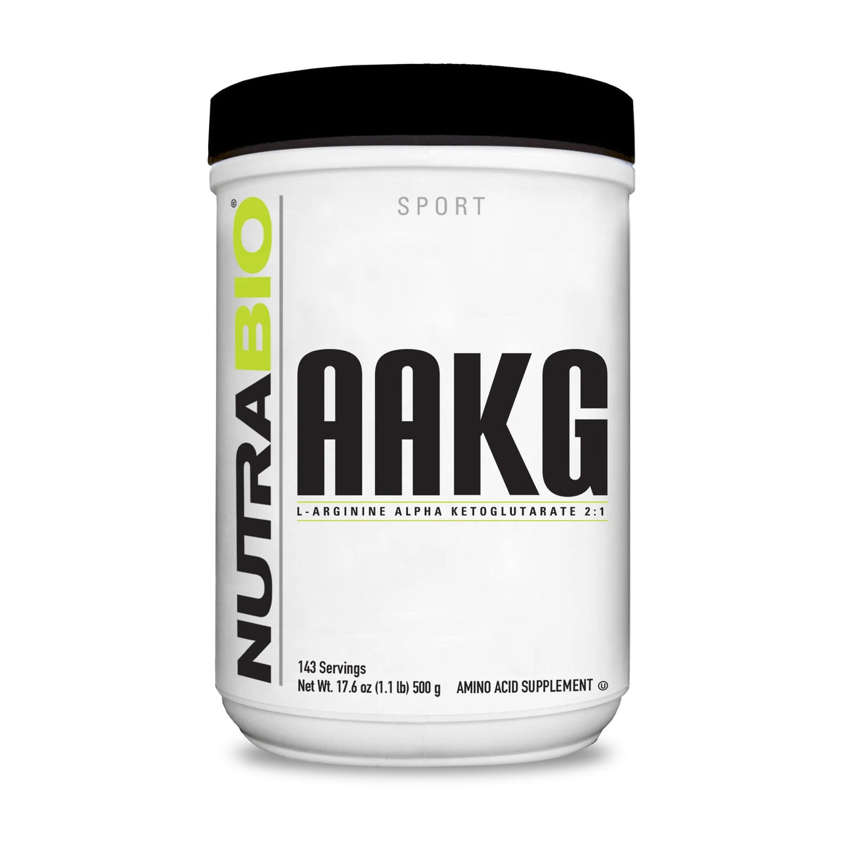 NutraBio Arginine AKG powder bottle front highlights 1000 mg per serving for potential pumps.