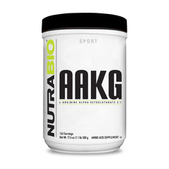 NutraBio Arginine AKG powder bottle front highlights 1000 mg per serving for potential pumps.