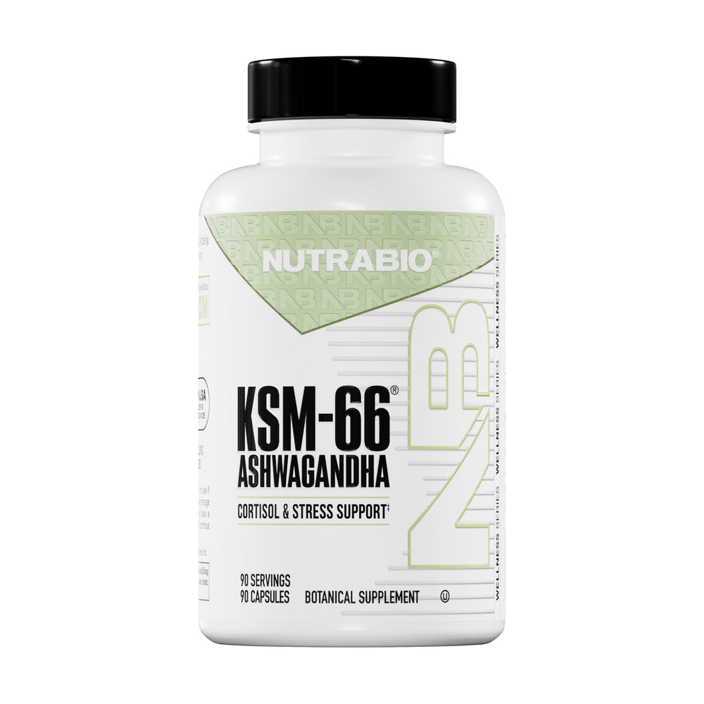 NutraBio Ashwagandha KSM-66 bottle for stress support and daily wellness.