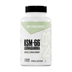 NutraBio Ashwagandha KSM-66 bottle for stress support and daily wellness.