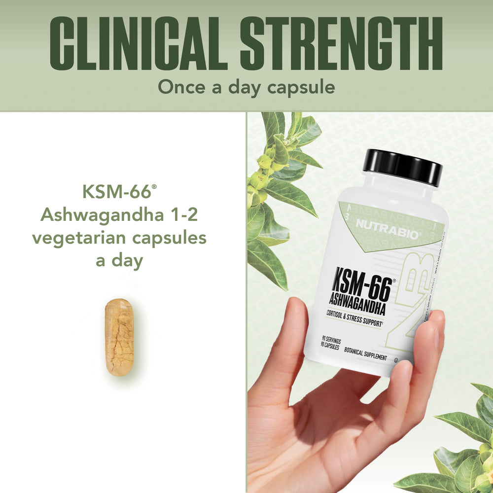 Close-up of NutraBio Ashwagandha KSM-66 capsules for stress support.