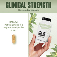 Close-up of NutraBio Ashwagandha KSM-66 capsules for stress support.