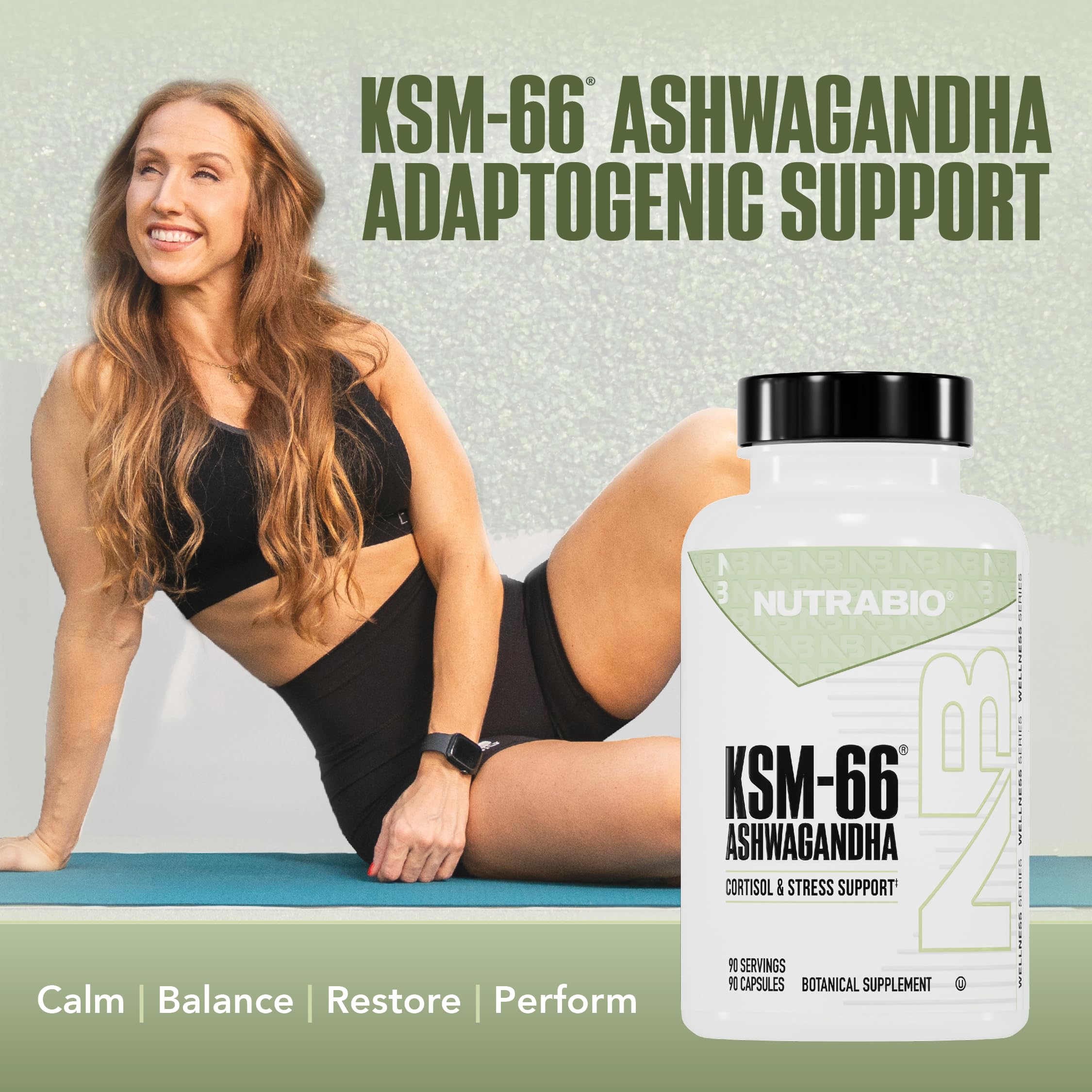NutraBio Ashwagandha KSM-66 capsules supporting mood and focus.