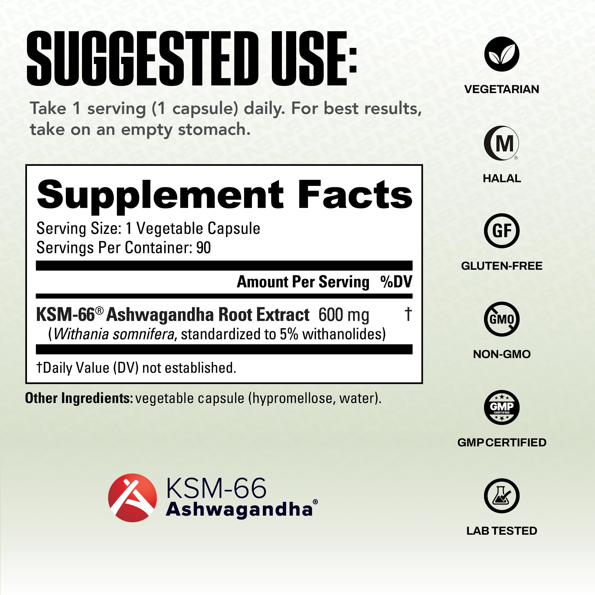 Close-up of NutraBio Ashwagandha KSM-66 label showing organic quality.