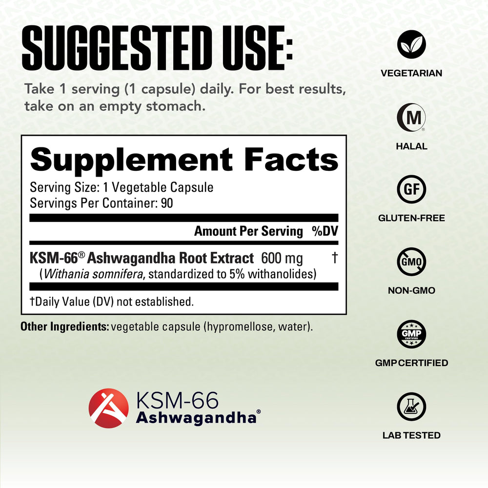 Close-up of NutraBio Ashwagandha KSM-66 label showing organic quality.