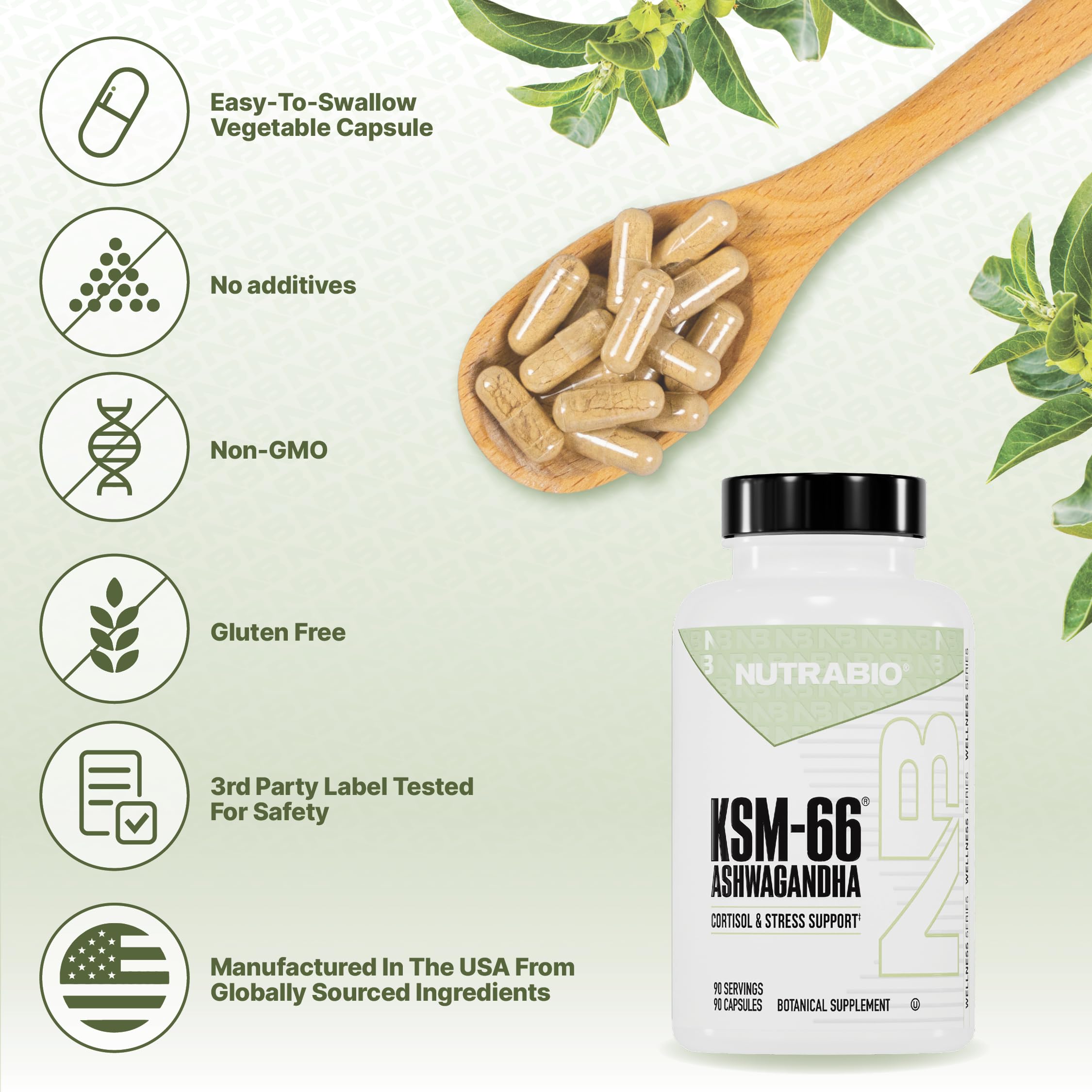 NutraBio Ashwagandha KSM-66 bottle with morning routine setup.