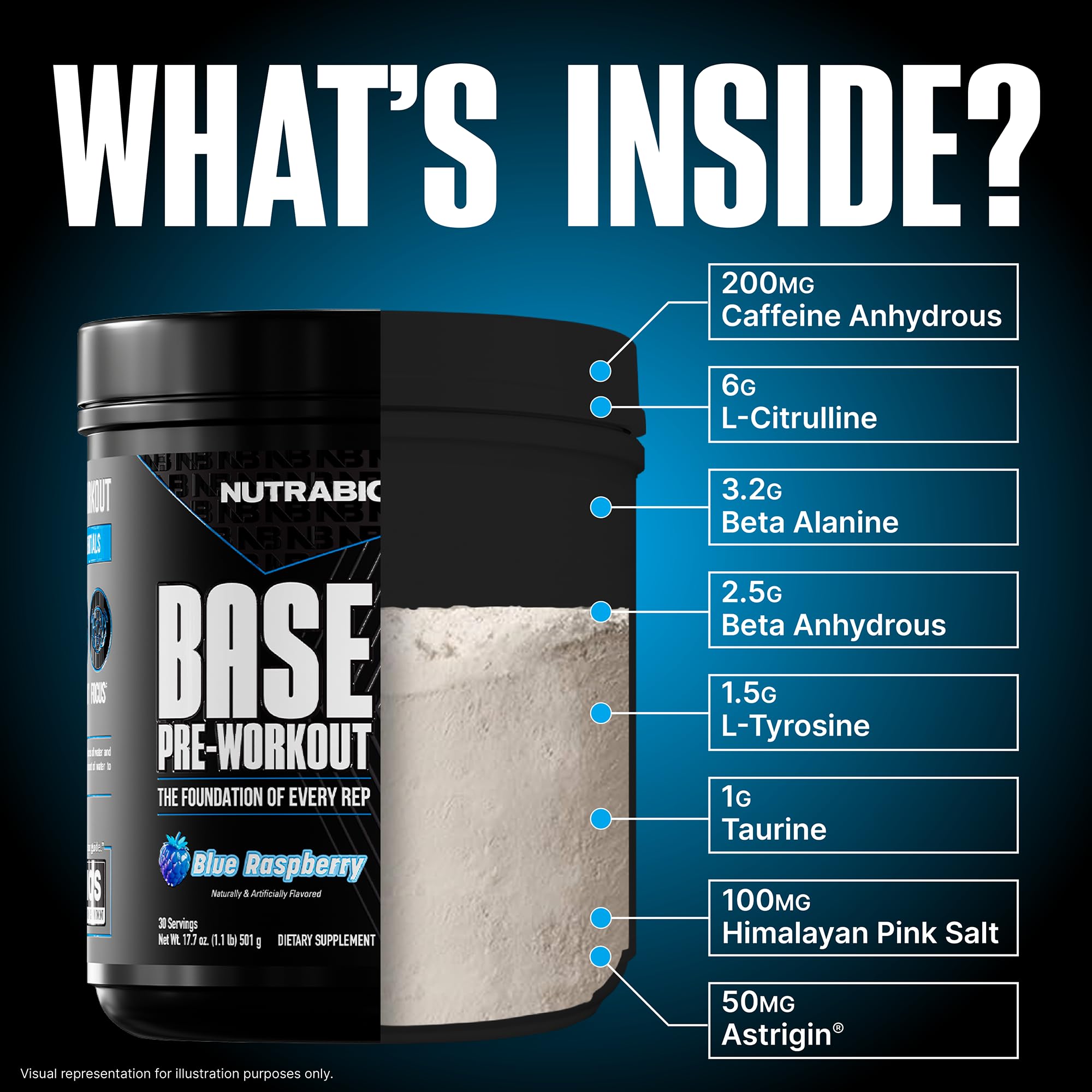 NutraBio Base Pre-Workout blue raspberry scoop boosts focus.