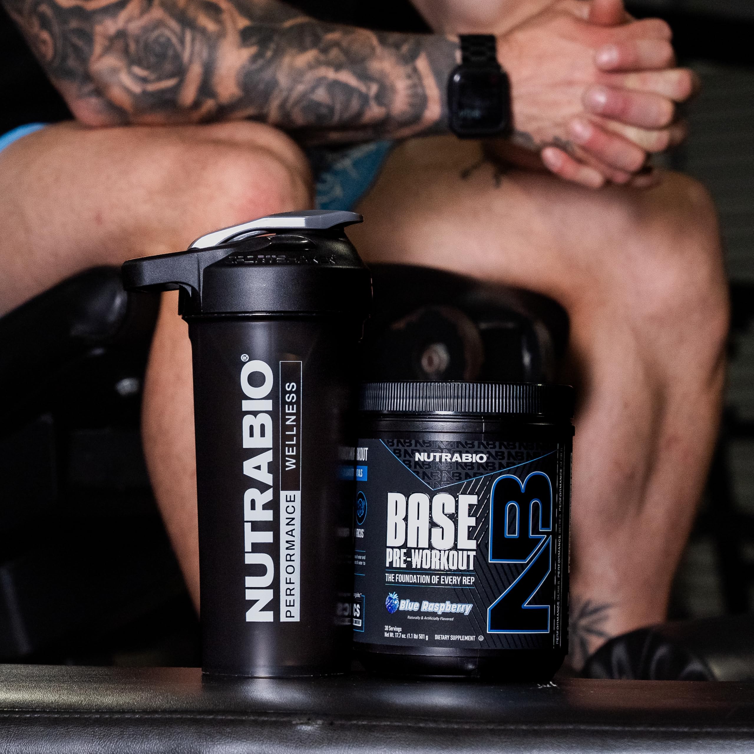NutraBio Base Pre-Workout front label shows sugar-free formula.