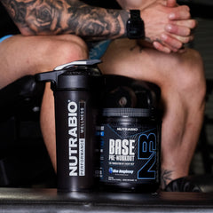NutraBio Base Pre-Workout front label shows sugar-free formula.