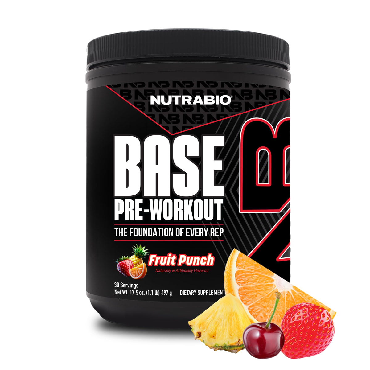 NutraBio Base Pre-Workout fruit punch tub for clean energy before training