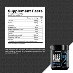 NutraBio Base Pre-Workout ingredients panel highlights caffeine and beta-alanine.