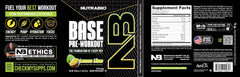 NutraBio Base Pre-Workout electrolyte blend graphic emphasizes hydration support.