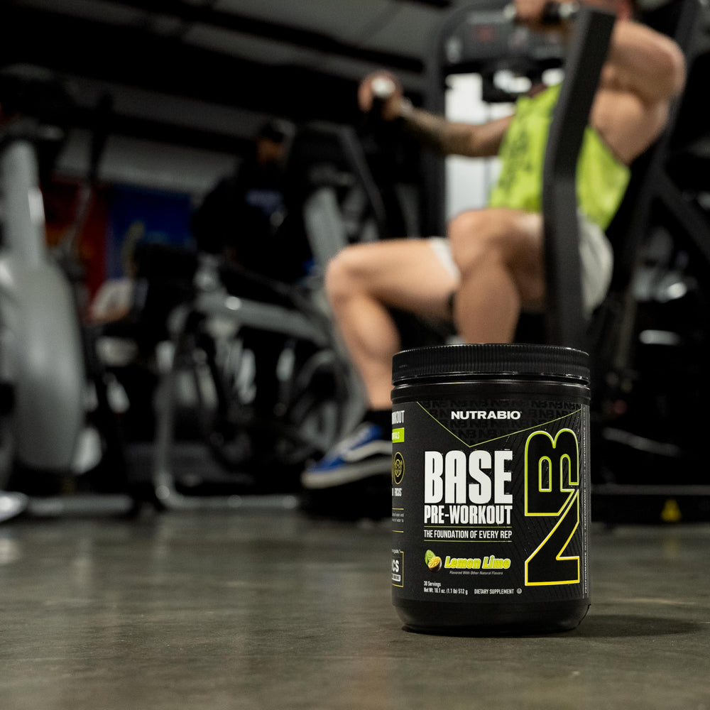 NutraBio Base Pre-Workout flavor splash conveys enjoyable, sugar-free taste during workouts.