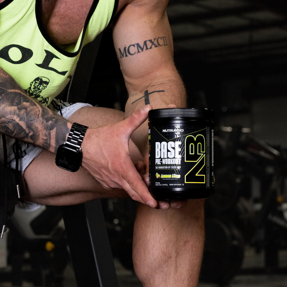 NutraBio Base Pre-Workout jar closeup showcases premium formula for focus and endurance.