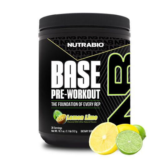 NutraBio Base Pre-Workout Lemon Lime label highlights sugar-free energy for training.