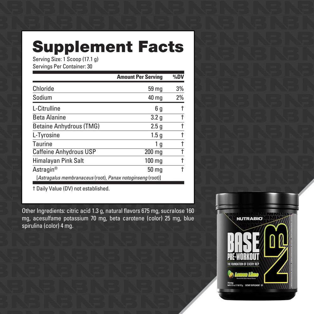 NutraBio Base Pre-Workout powder pouring into liquid demonstrates quick mixability and smooth texture.