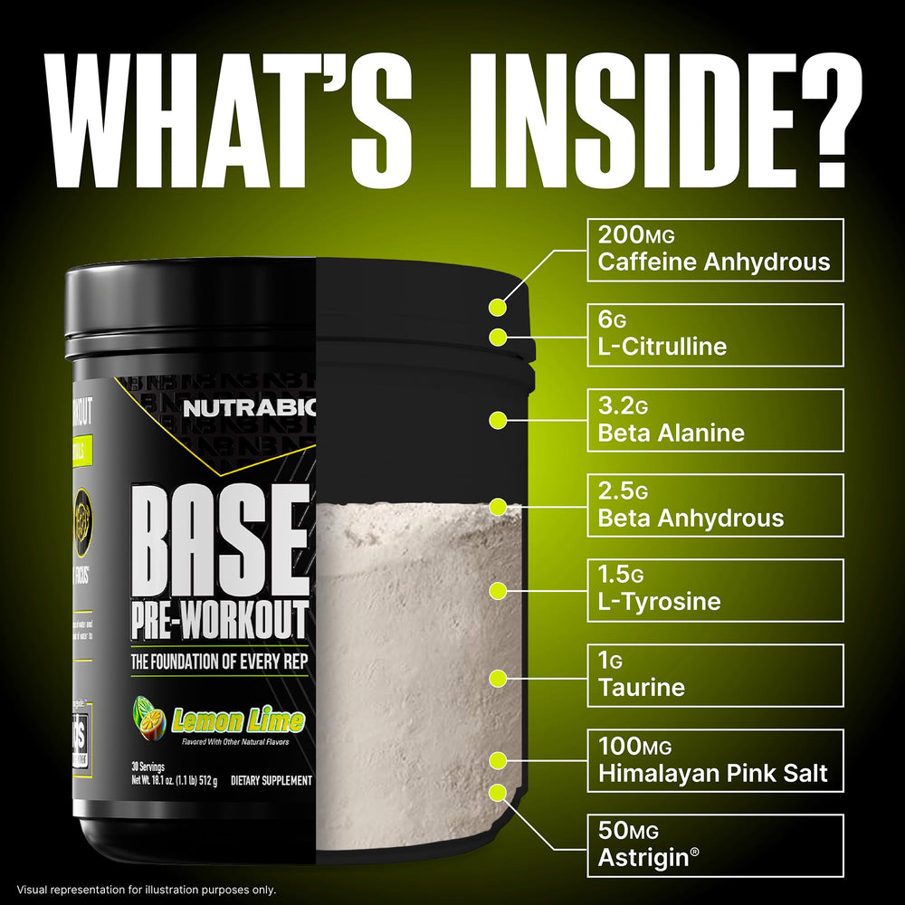 NutraBio Base Pre-Workout powder scoop illustrates precise serving for consistent performance.