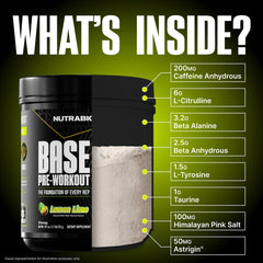 NutraBio Base Pre-Workout powder scoop illustrates precise serving for consistent performance.
