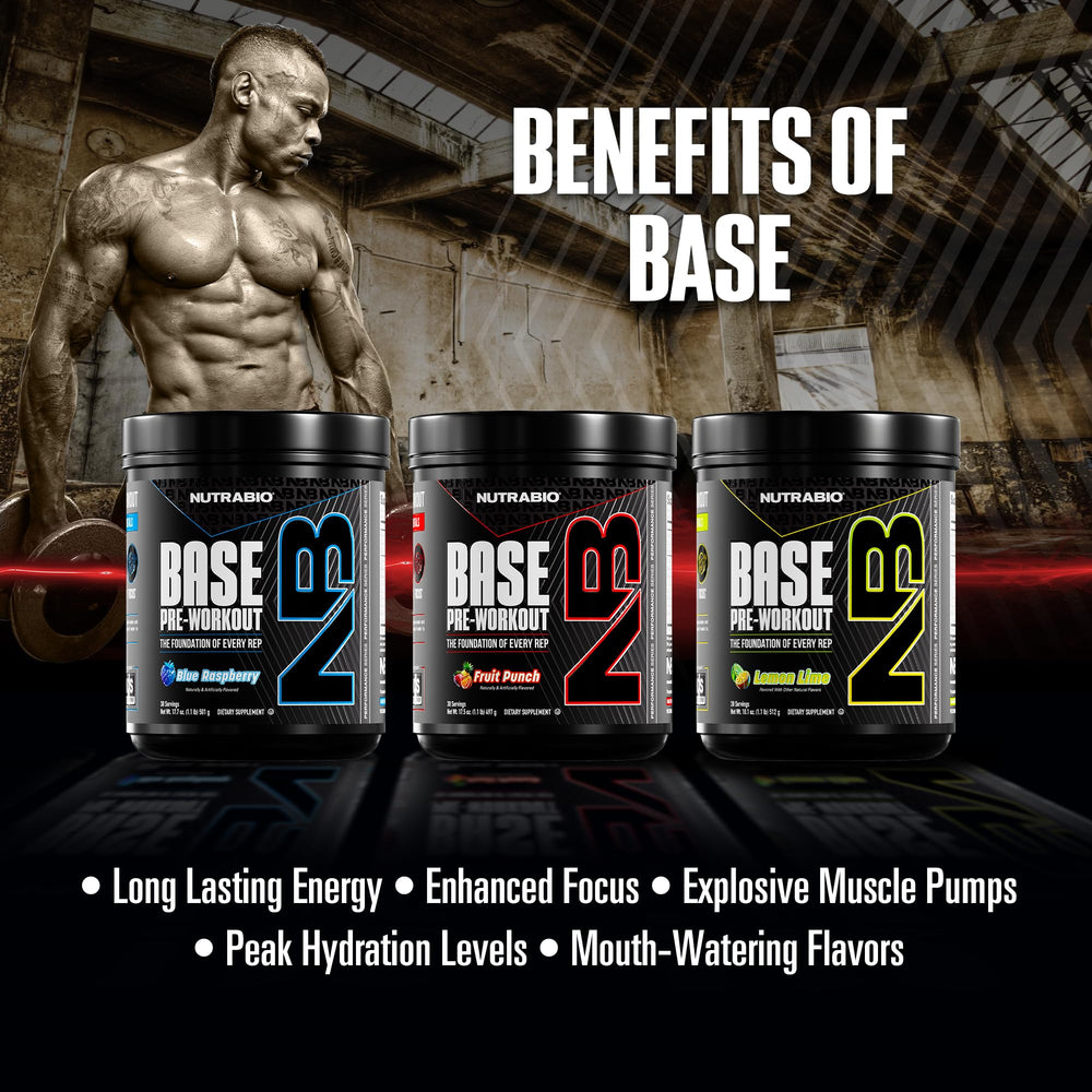 NutraBio Base Pre-Workout sugar-free label signals clean fueling option.