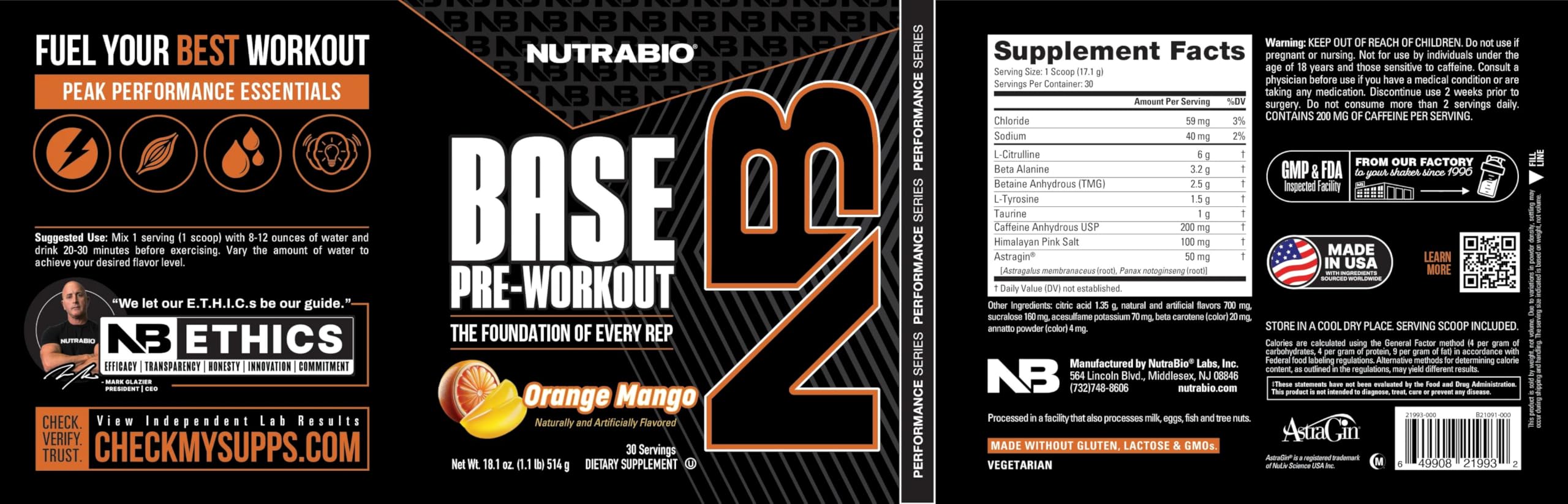 NutraBio Base Pre-Workout orange mango swirl suggests vibrant flavor and mixability.