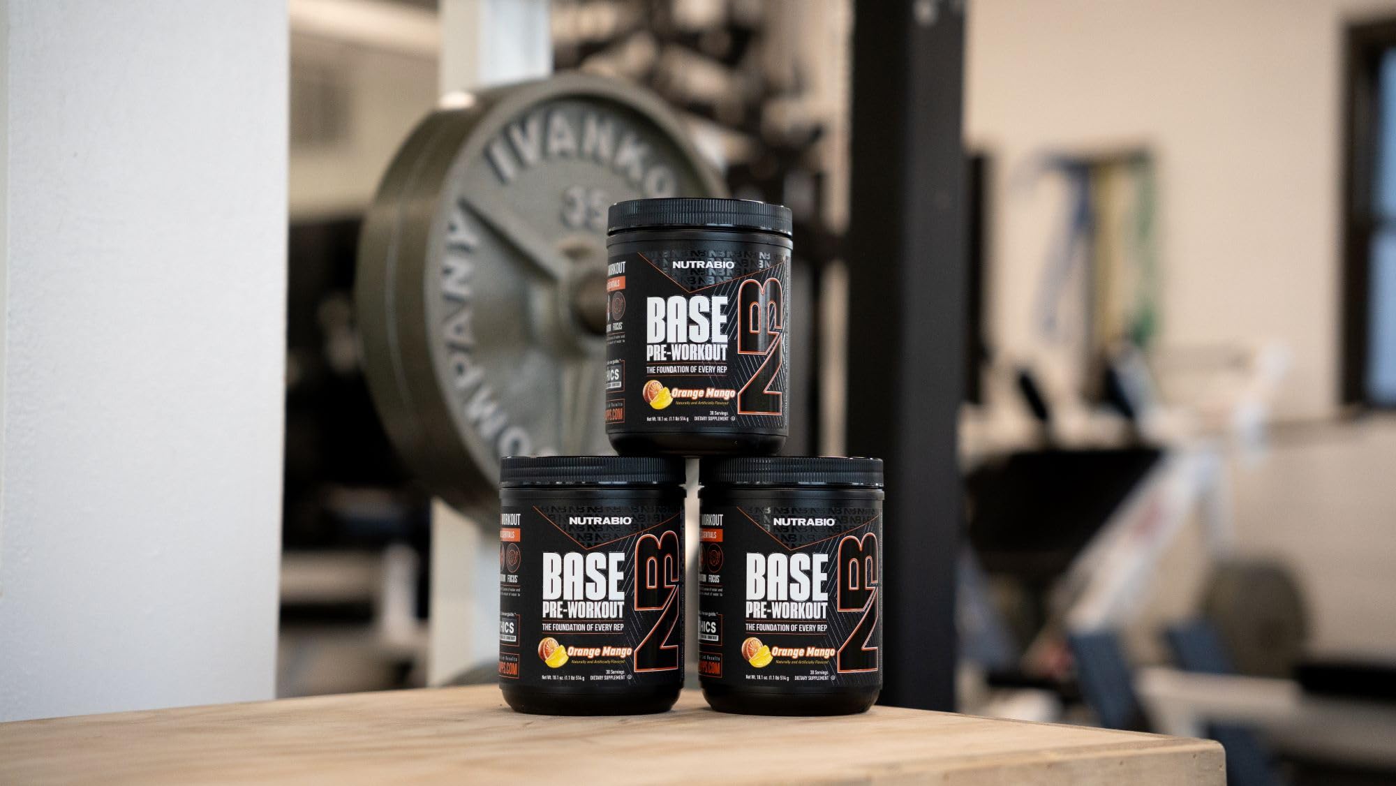 NutraBio Base Pre-Workout packaging on shelf signals ready-to-use performance support.