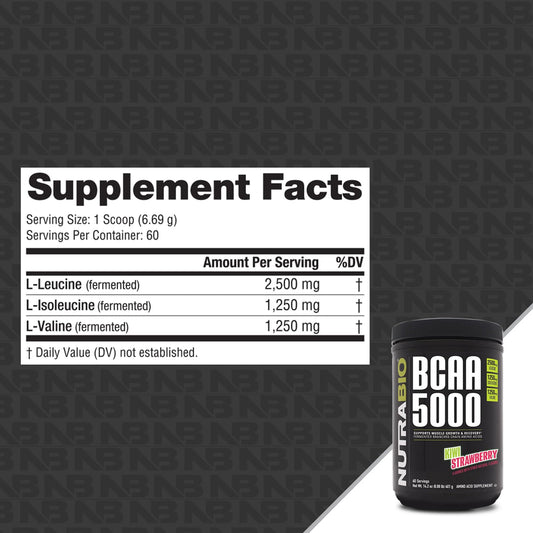 NutraBio BCAA 5000 scoop being poured for intra-workout energy