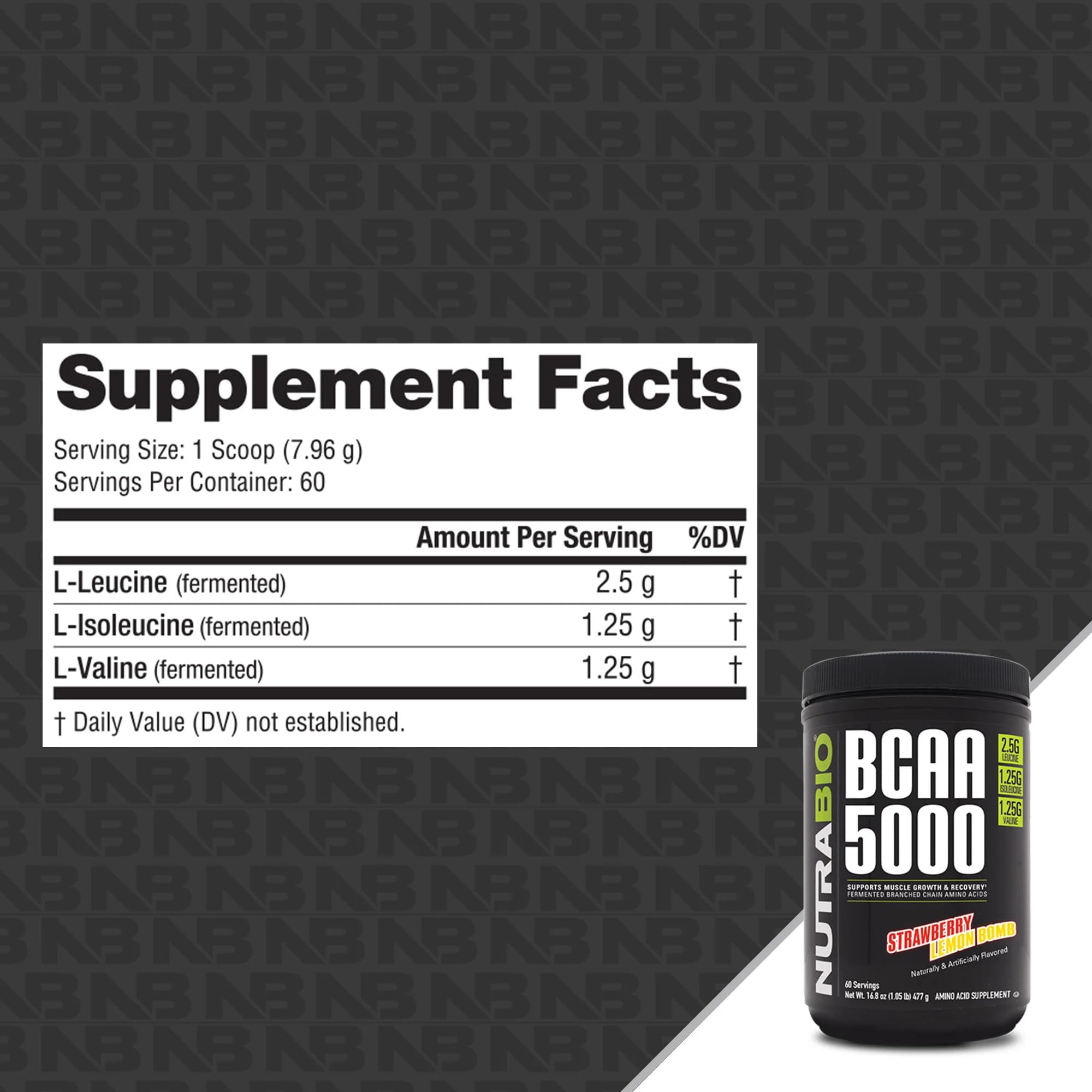 NutraBio BCAA 5000 final product shot emphasizing vegan fermentation.