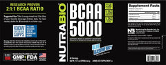 NutraBio BCAA5000 powder with scoop showcasing vegan fermented formula