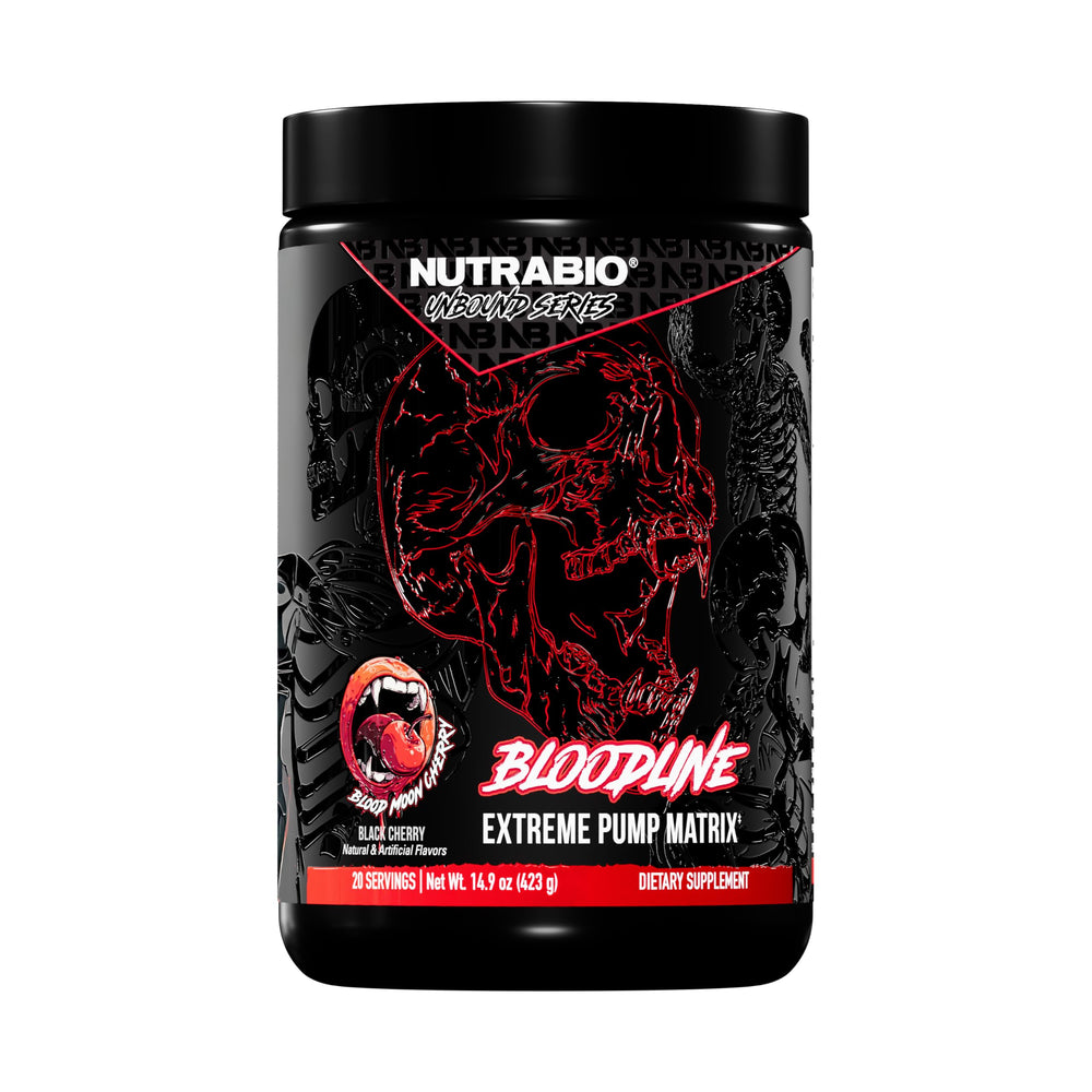NutraBio Bloodline bottle front, stimulant-free pump for vascular performance.