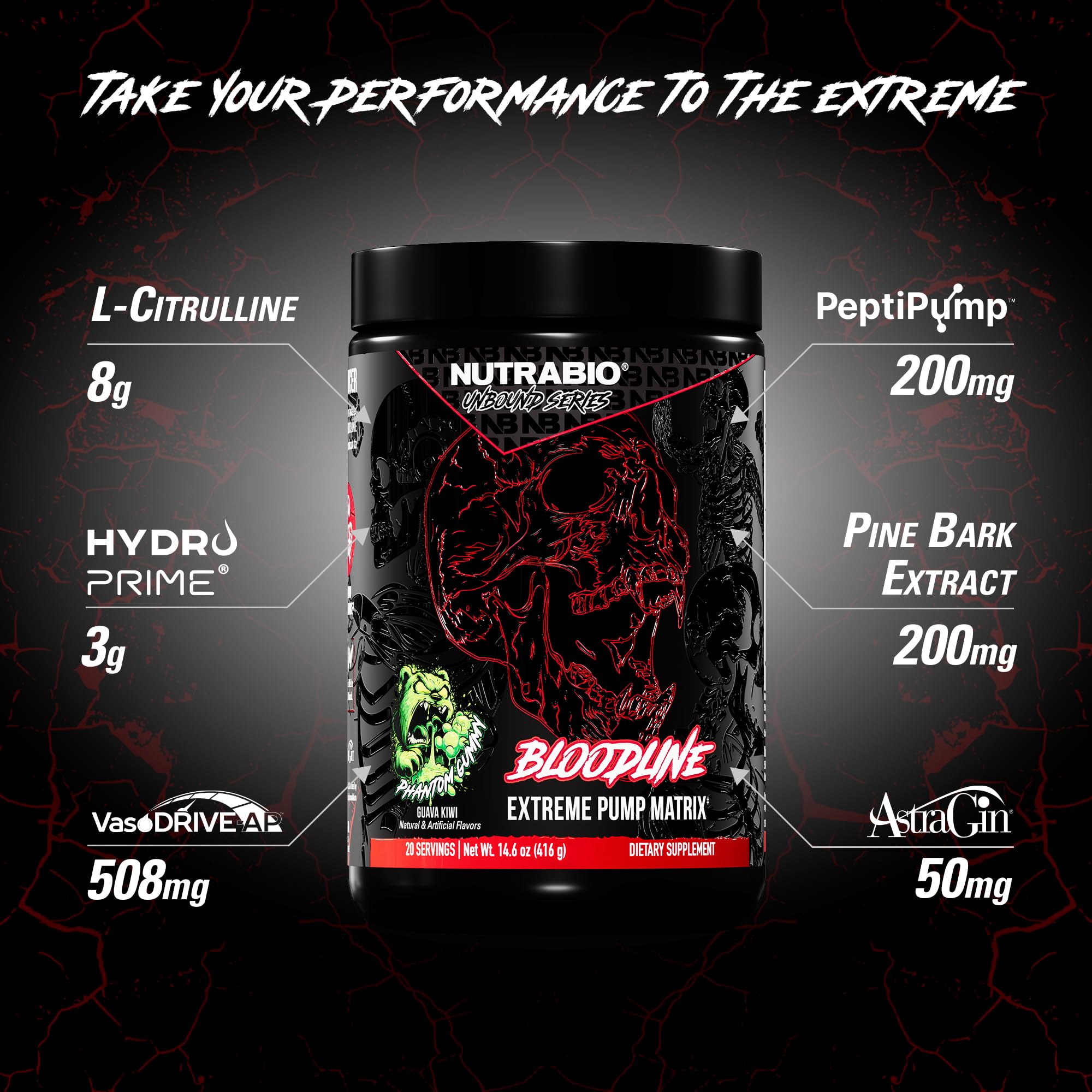 NutraBio Bloodline bottle label close-up highlighting L-Citrulline and glycerol content