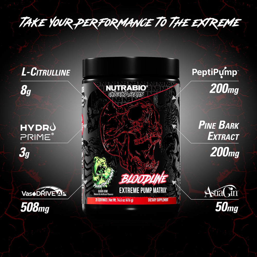 NutraBio Bloodline bottle label close-up highlighting L-Citrulline and glycerol content