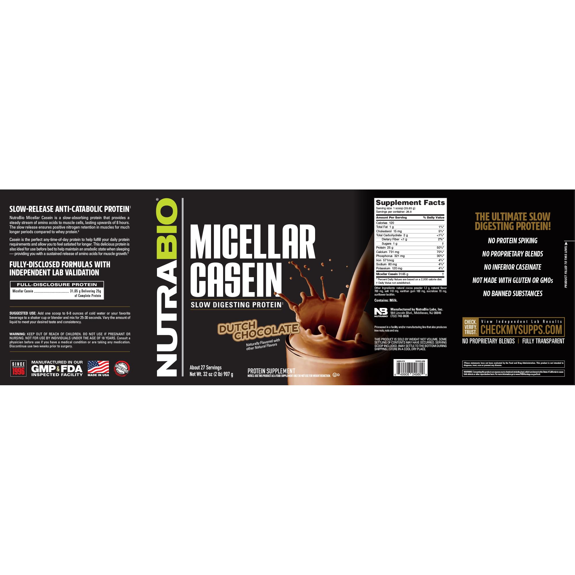NutraBio Casein powder bag label highlights quality micellar casein.