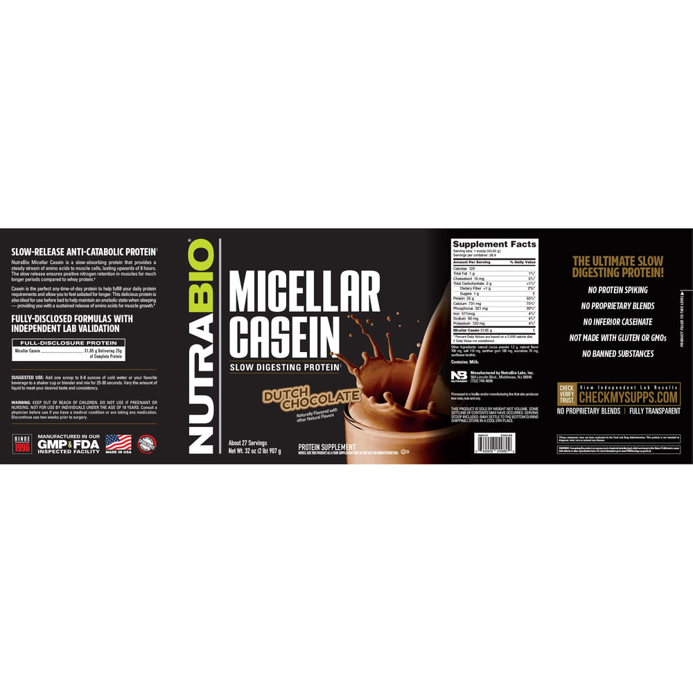 NutraBio Casein powder bag label highlights quality micellar casein.