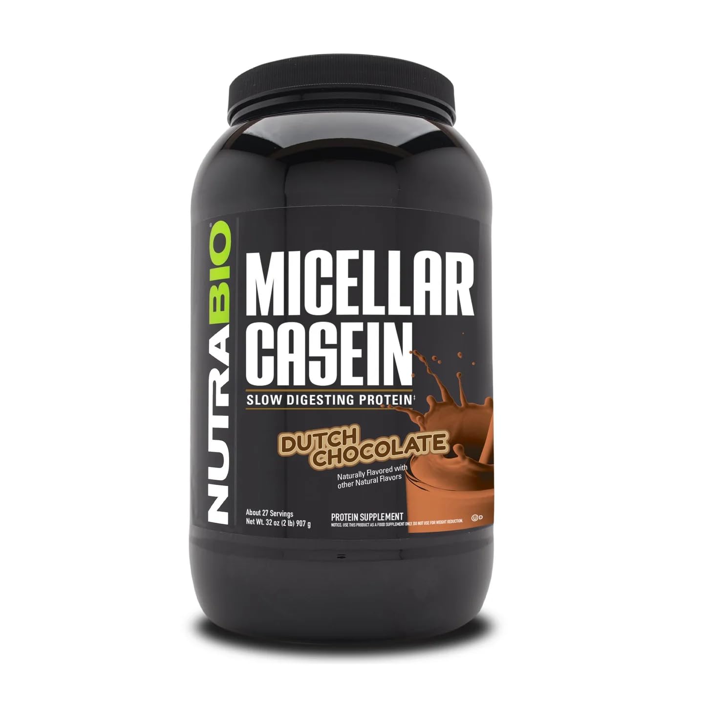 NutraBio Casein protein jar promotes overnight recovery with slow-digesting formula.