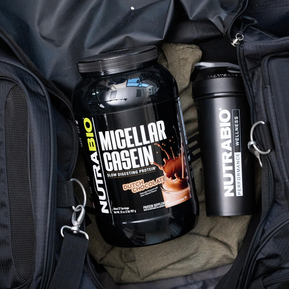 NutraBio Casein powder serving image emphasizes overnight recovery potential.