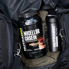 NutraBio Casein powder serving image emphasizes overnight recovery potential.