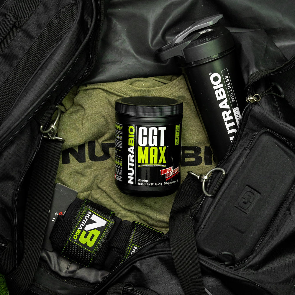 NutraBio CGT-MAX bottle close-up highlights creatine and taurine blend.