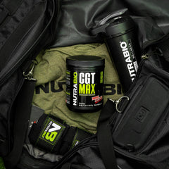 NutraBio CGT-MAX bottle close-up highlights creatine and taurine blend.