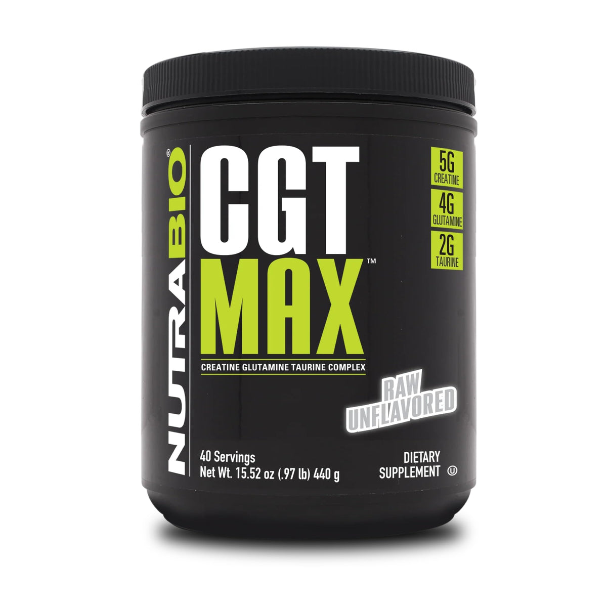 NutraBio CGT-MAX bottle with clear labeling for precise pre- or post-workout use.