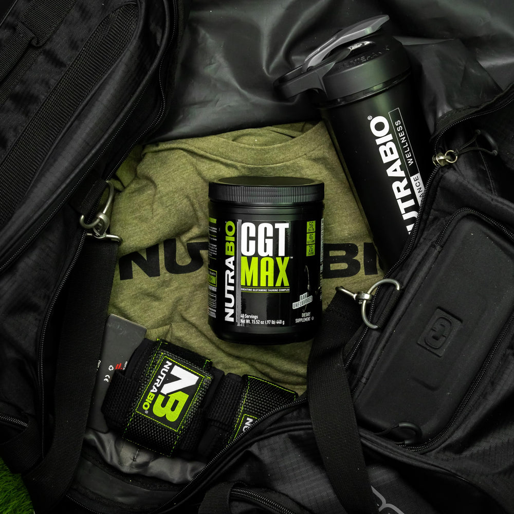 NutraBio CGT-MAX powder poured into a shaker for easy mixing.