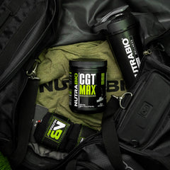 NutraBio CGT-MAX powder poured into a shaker for easy mixing.
