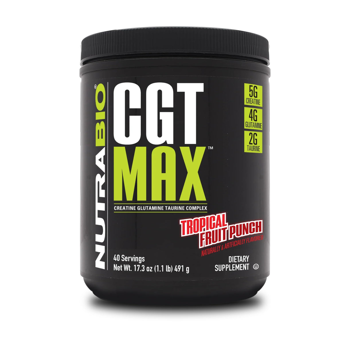 NutraBio CGT-MAX powder tub showing tropical fruit punch flavor for recovery and strength.