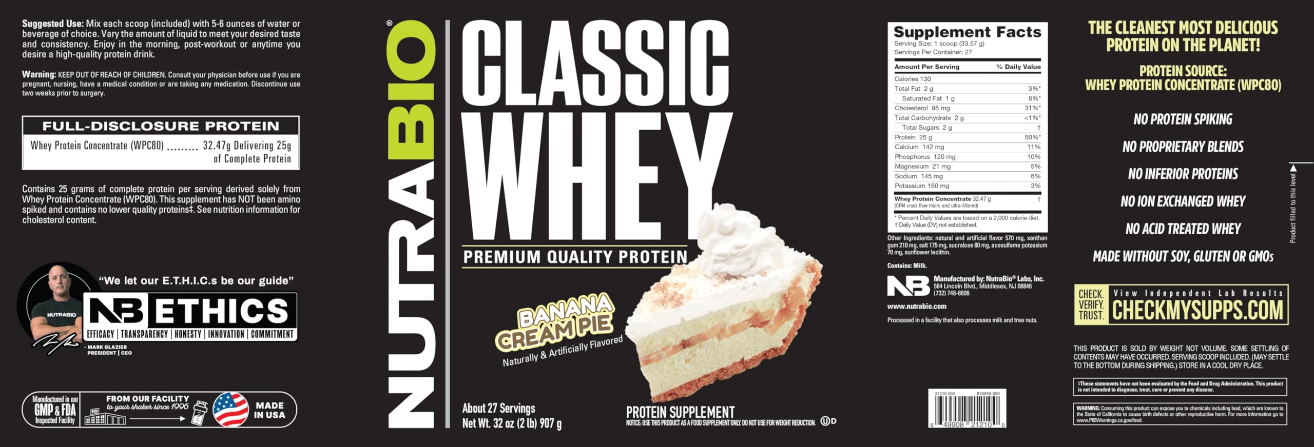 NutraBio Classic Whey Banana Cream Pie bottle close-up conveys trusted labeling.