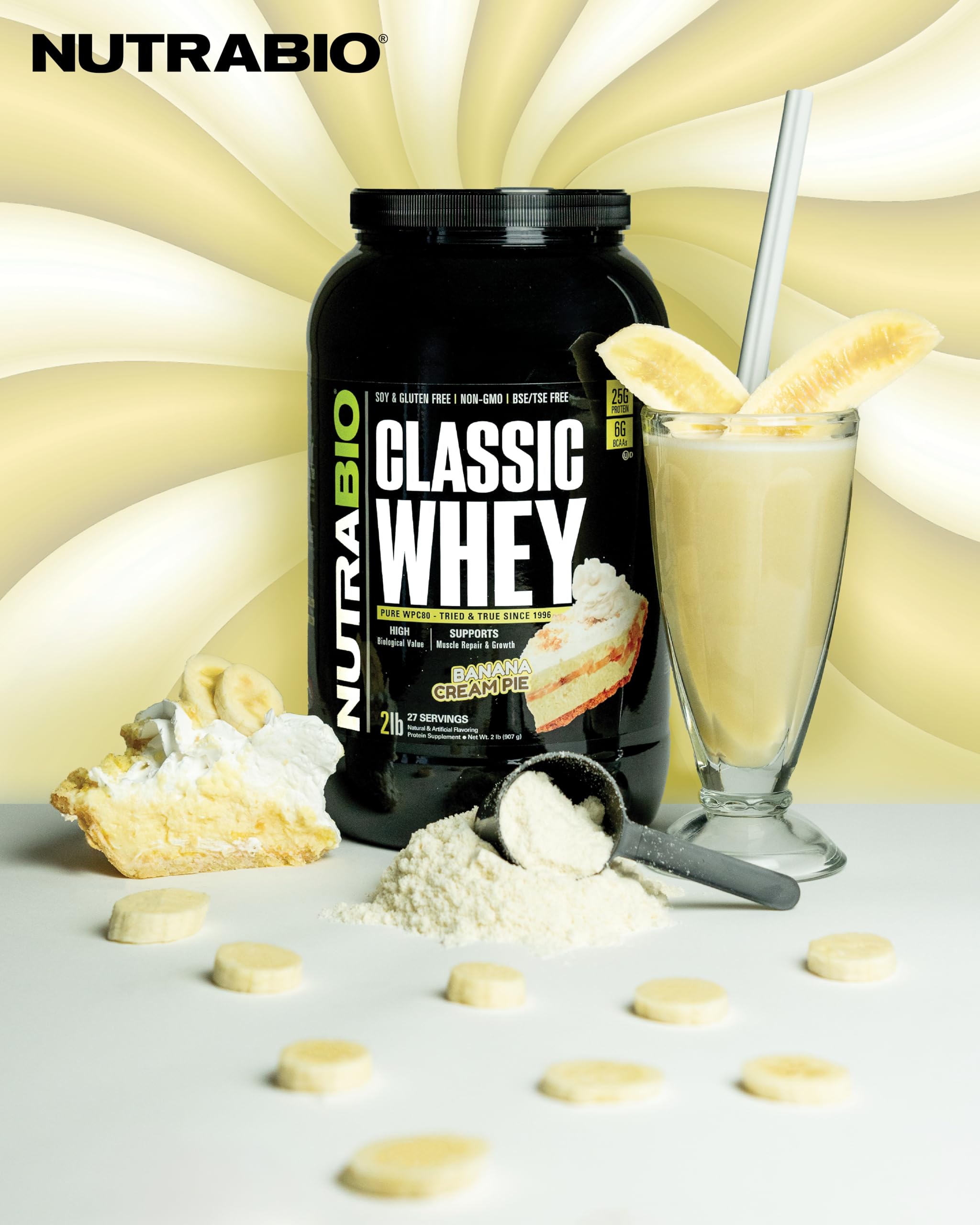 NutraBio Classic Whey Banana Cream Pie label emphasizes full disclosure and no fillers.
